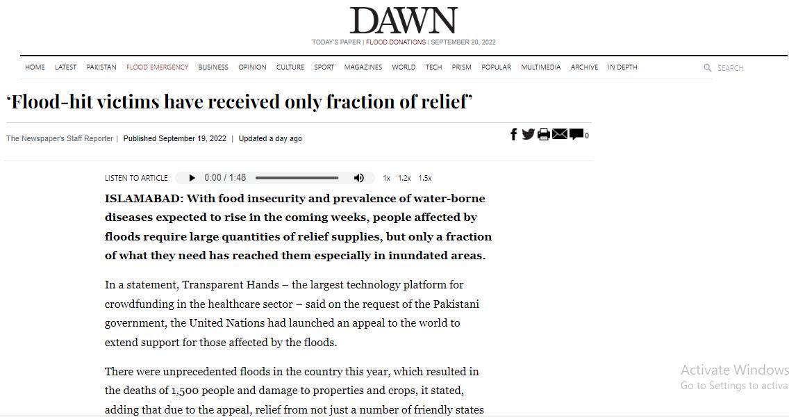 Media Coverage of Transparent Hands' Flood Relief Program 